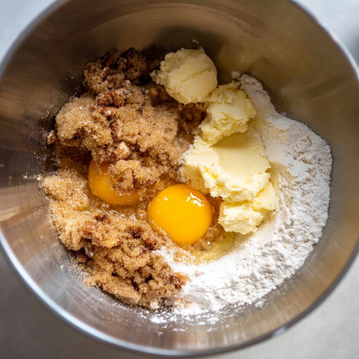 Best Butter Pecan Praline Poke Cake 10 Ingredients for butter-pecan praline cake in a mixing bowl.