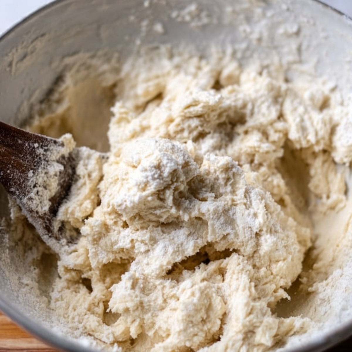 Delicious Vegan Strawberry Shortcakes 11 Thick dough being mixed with a wooden spoon, showing a fluffy and textured consistency, perfect for baking biscuits or pastries.