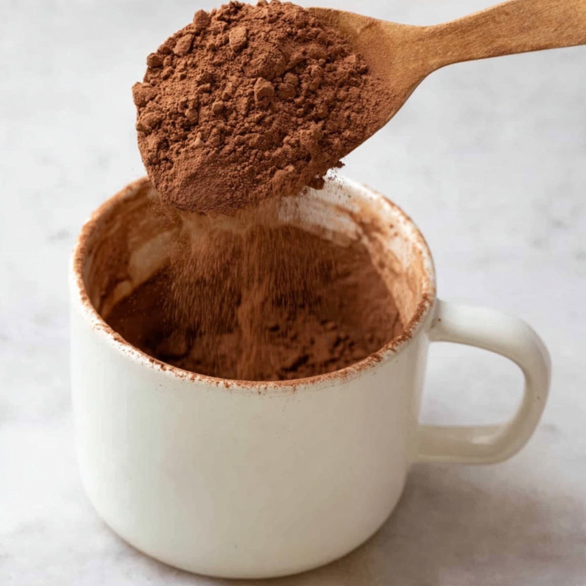 Easy Brownie in a Mug Recipe 10 A wooden spoon sprinkling cocoa powder into a white mug, filling it with a rich, dark brown powder.