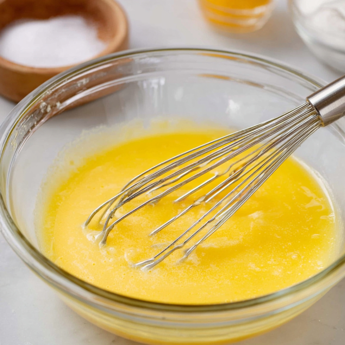 Freshly whisked lemon curd mixture in a glass bowl with a stainless steel whisk, showing a smooth, vibrant yellow texture.