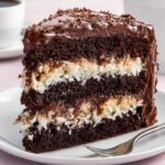 Slice of Mounds cake with chocolate frosting and coconut filling.