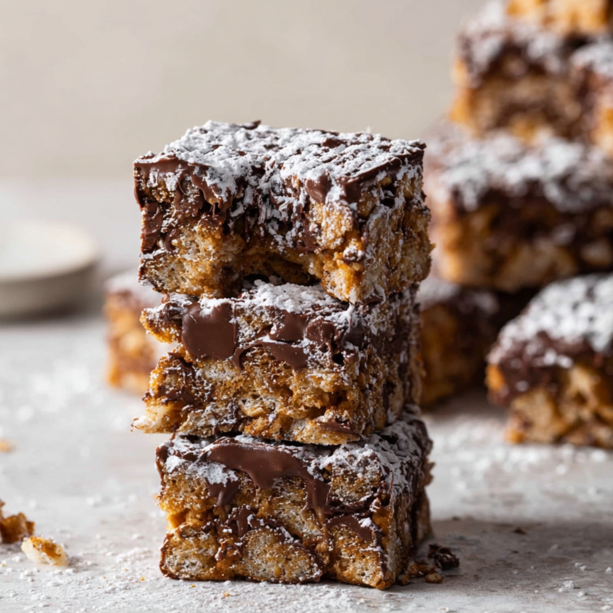 Easy Muddy Buddy Bars Recipe 9 Three stacked muddy buddy bars, dusted with powdered sugar, showcasing the chocolate and cereal layers with a soft, crumbly texture.