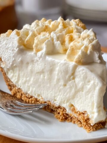 No Bake Marshmallow Cheesecake Recipe 1 A slice of No Bake Marshmallow Cheesecake with a graham cracker crust, topped with whipped cream and a smooth creamy filling, served on a plate.