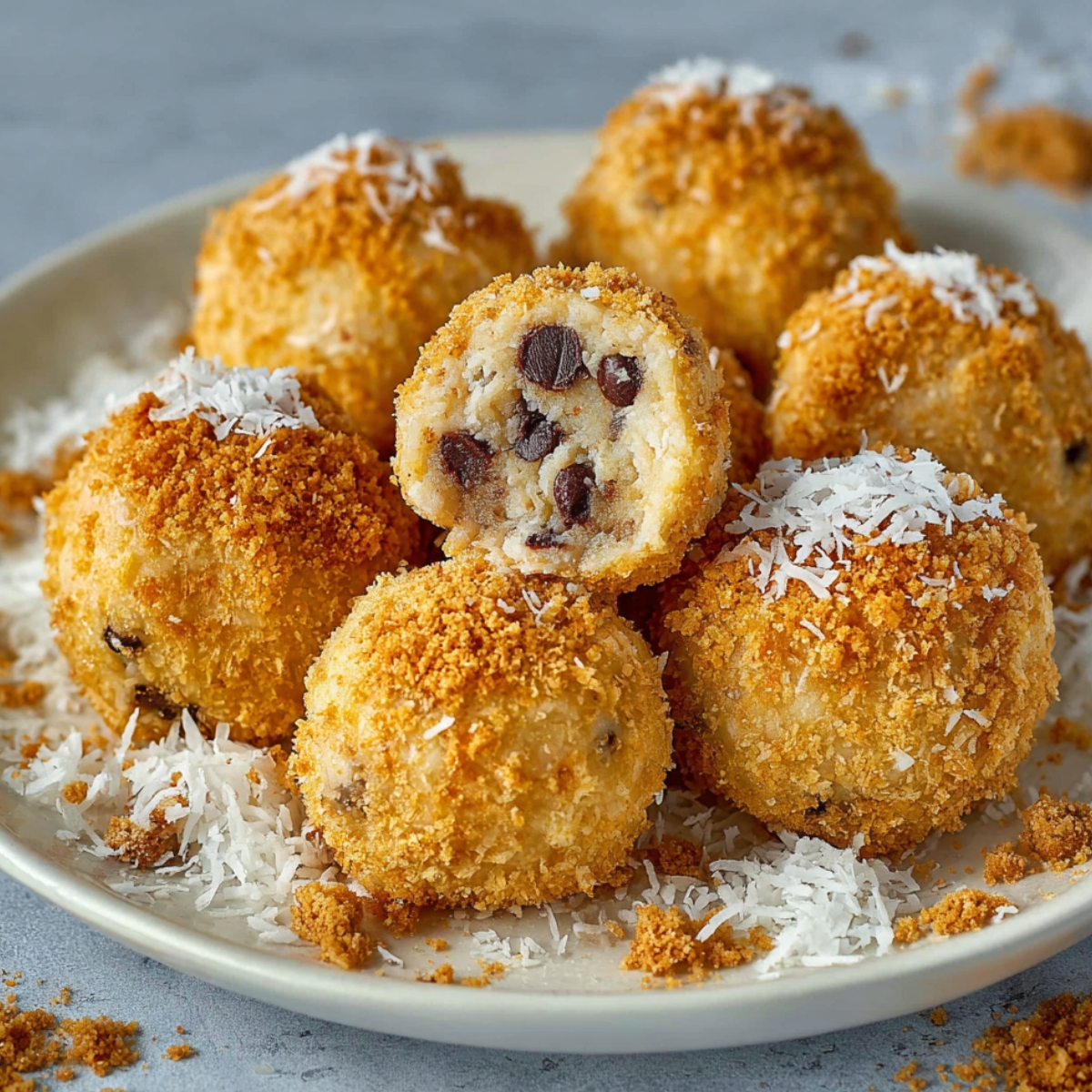 A plate of No Bake Moose Farts coated with graham cracker crumbs, with one ball cut open to reveal chocolate chips inside.