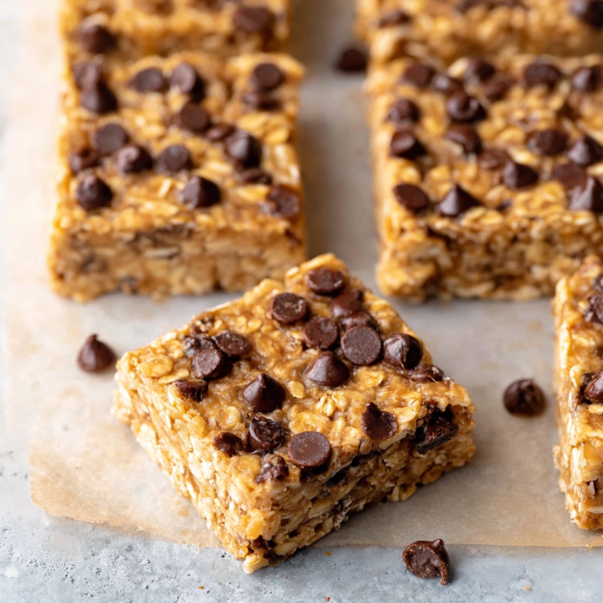 Cut No Bake Peanut Butter Oatmeal Bars topped with chocolate chips.