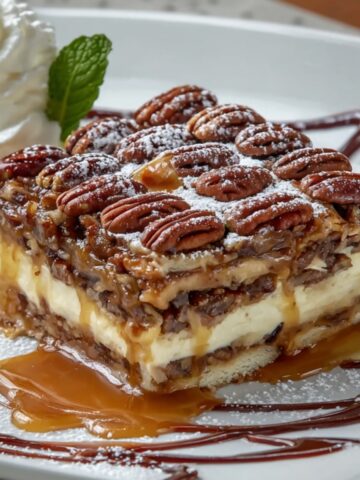 Image of a slice of Pecan Pie Lasagna topped with whipped cream and pecans on a plate.