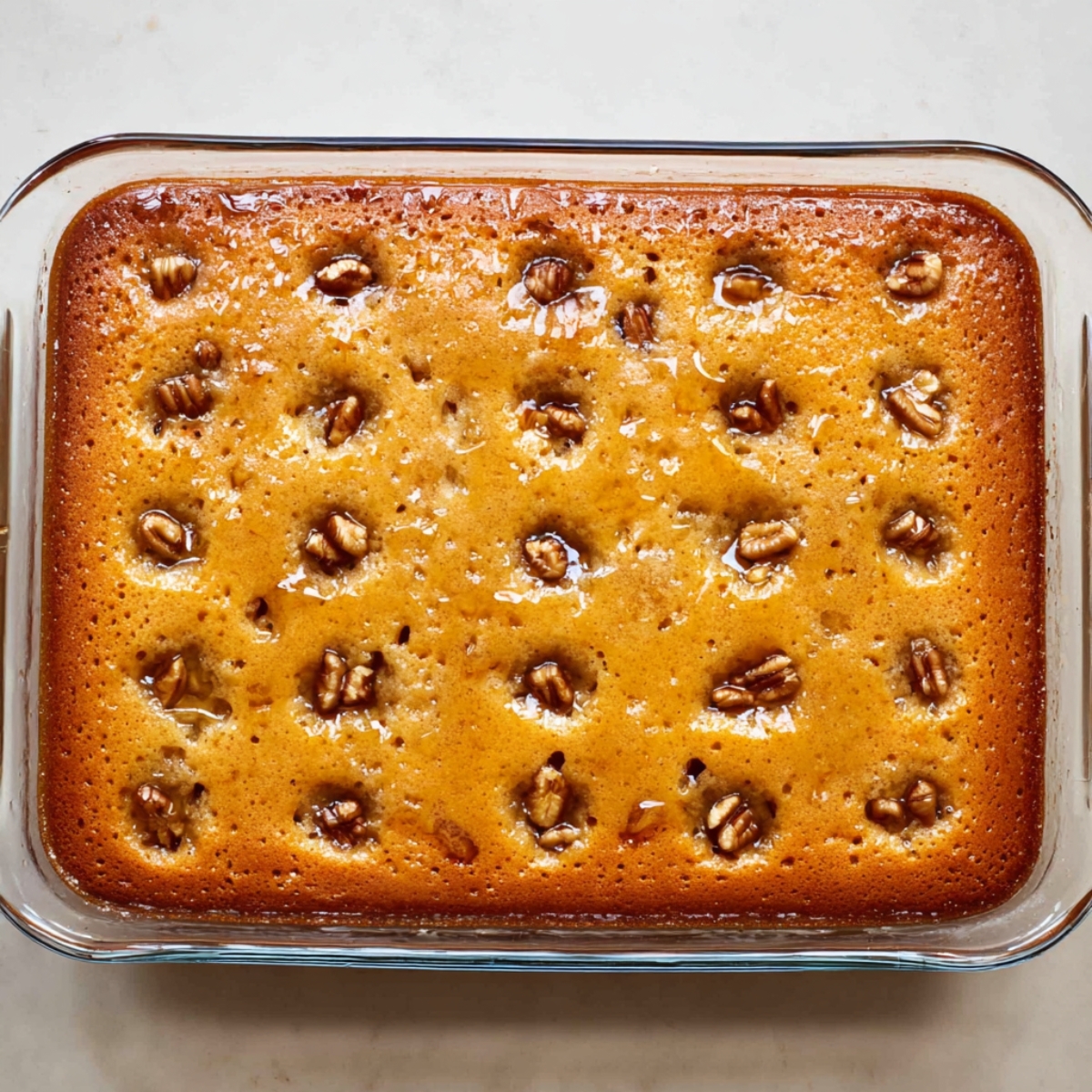Best Butter Pecan Praline Poke Cake 11 Baked butter-pecan praline poke cake with pecans and holes for syrup.