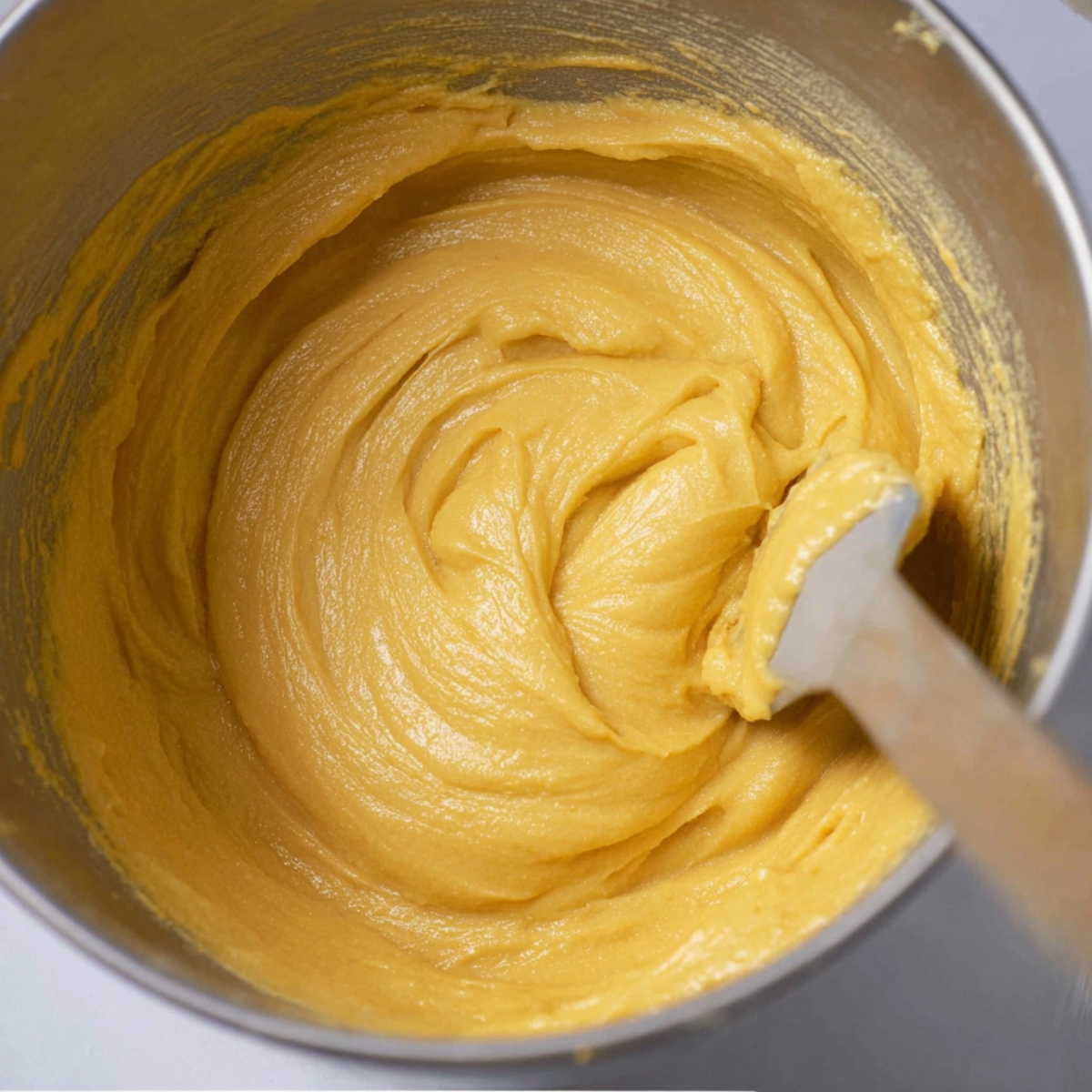 A close-up shot of a smooth yellow cake batter in a metal mixing bowl, ready for baking.