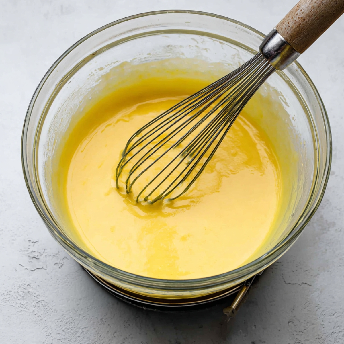 A vibrant yellow lemon curd in a bowl with a whisk, ready for use as a filling or topping.