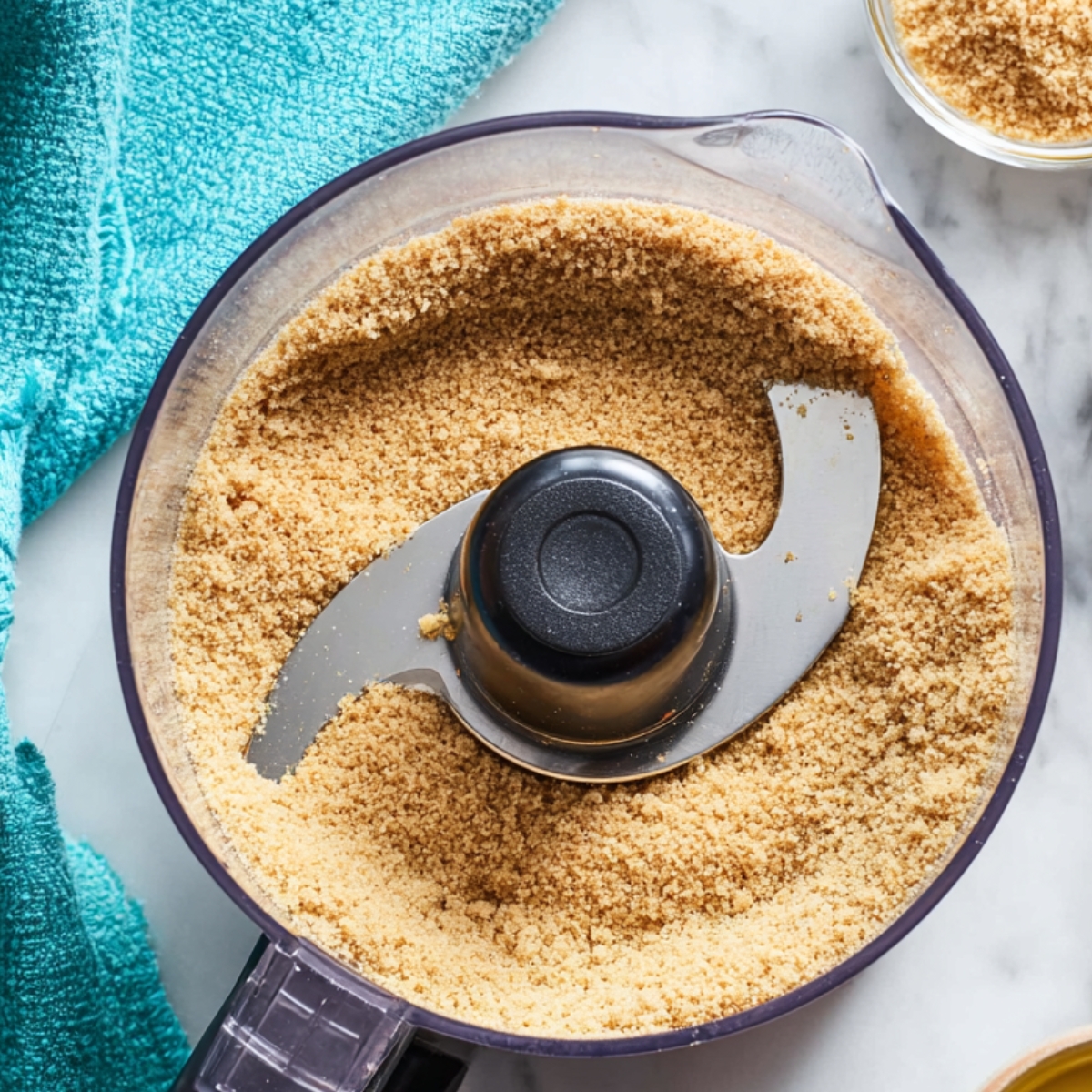 Easy Graham Cracker Crust Recipe 10 Close-up image of a food processor containing graham cracker crumbs with a black blade in the center. The mixture is finely ground and ready for use.