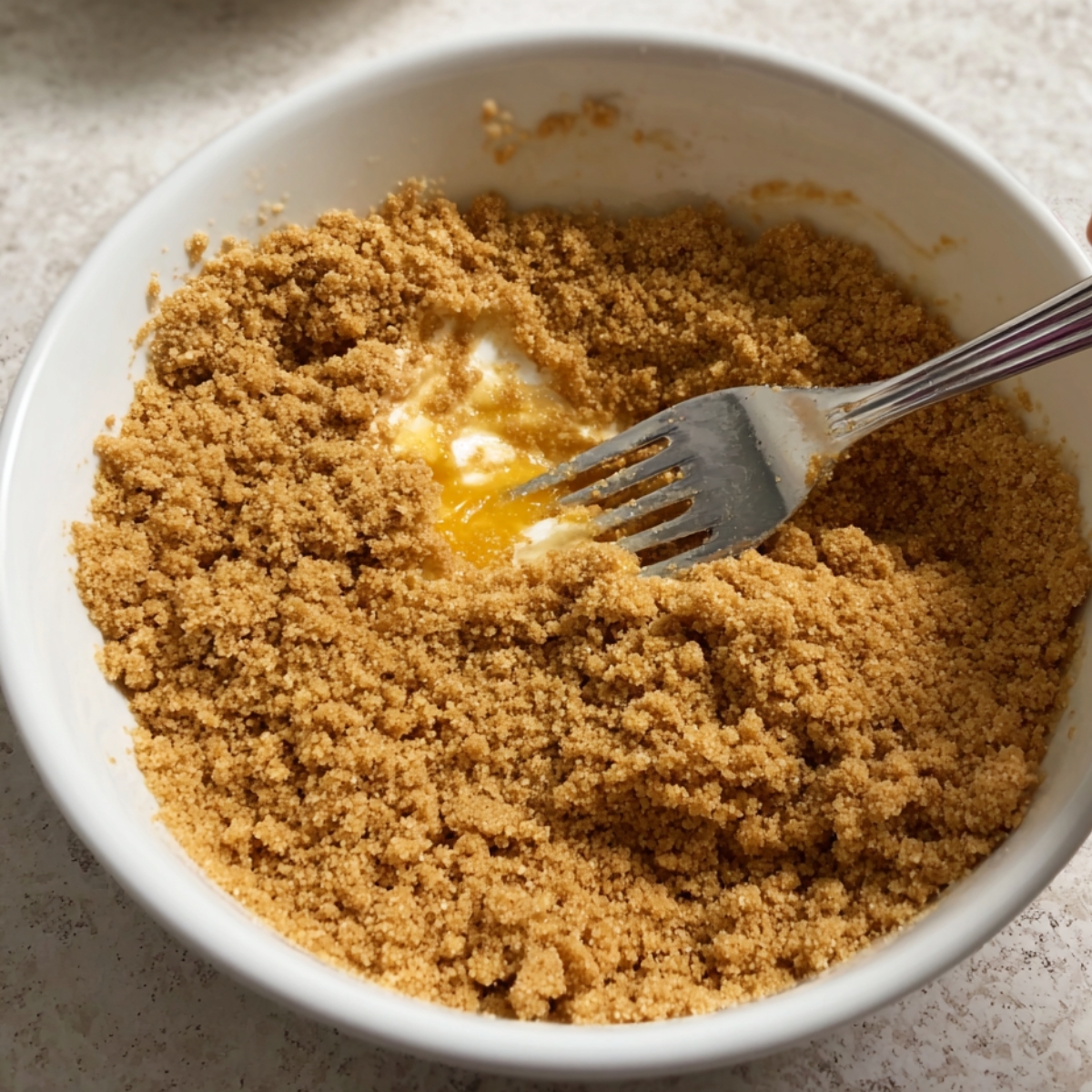 Best Pecan Pie Lasagna Recipe 10 Image of a fork mixing a buttery graham cracker crust mixture in a bowl.