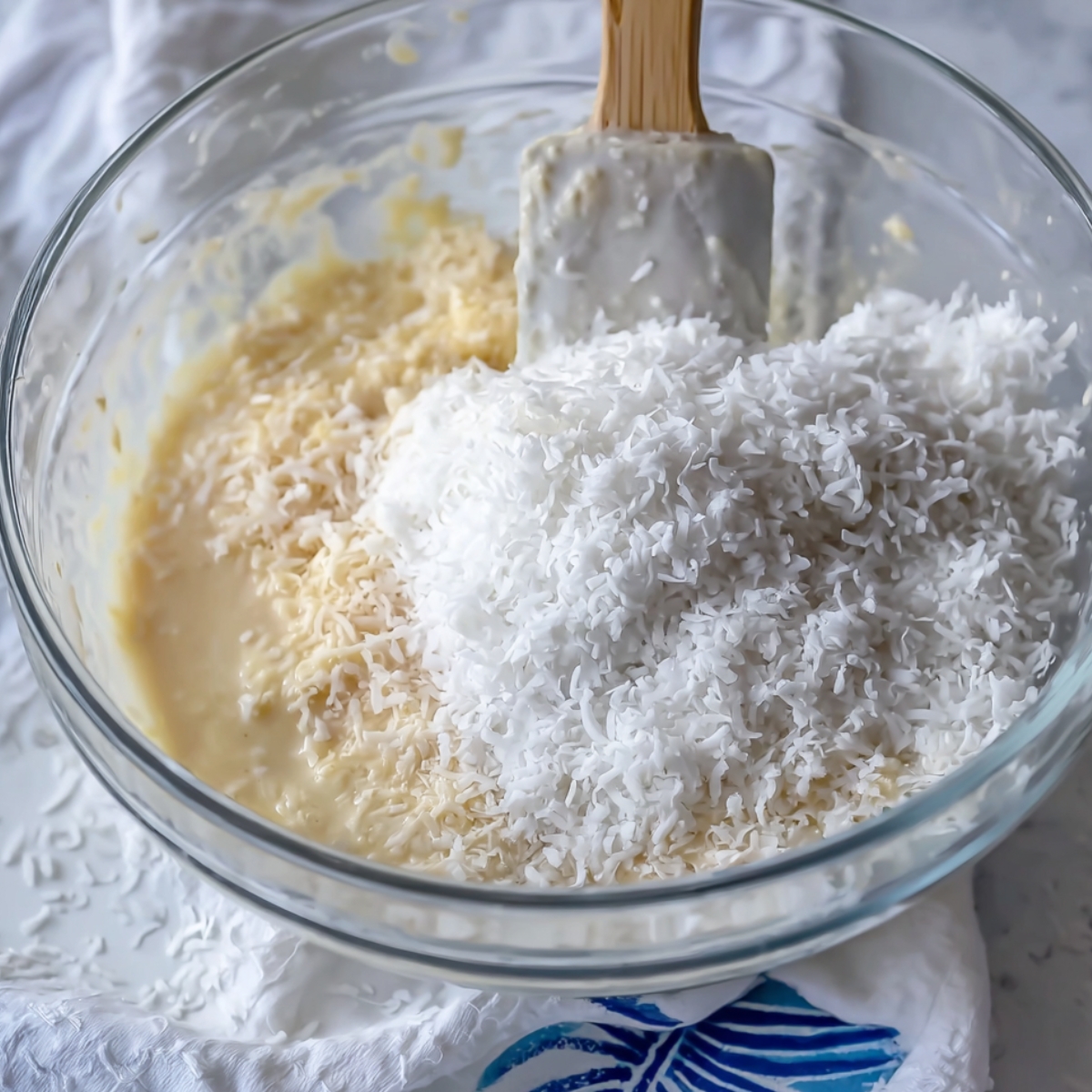 Old Fashioned Mounds Cake Recipe 11 Cake batter and shredded coconut being mixed in a glass bowl.