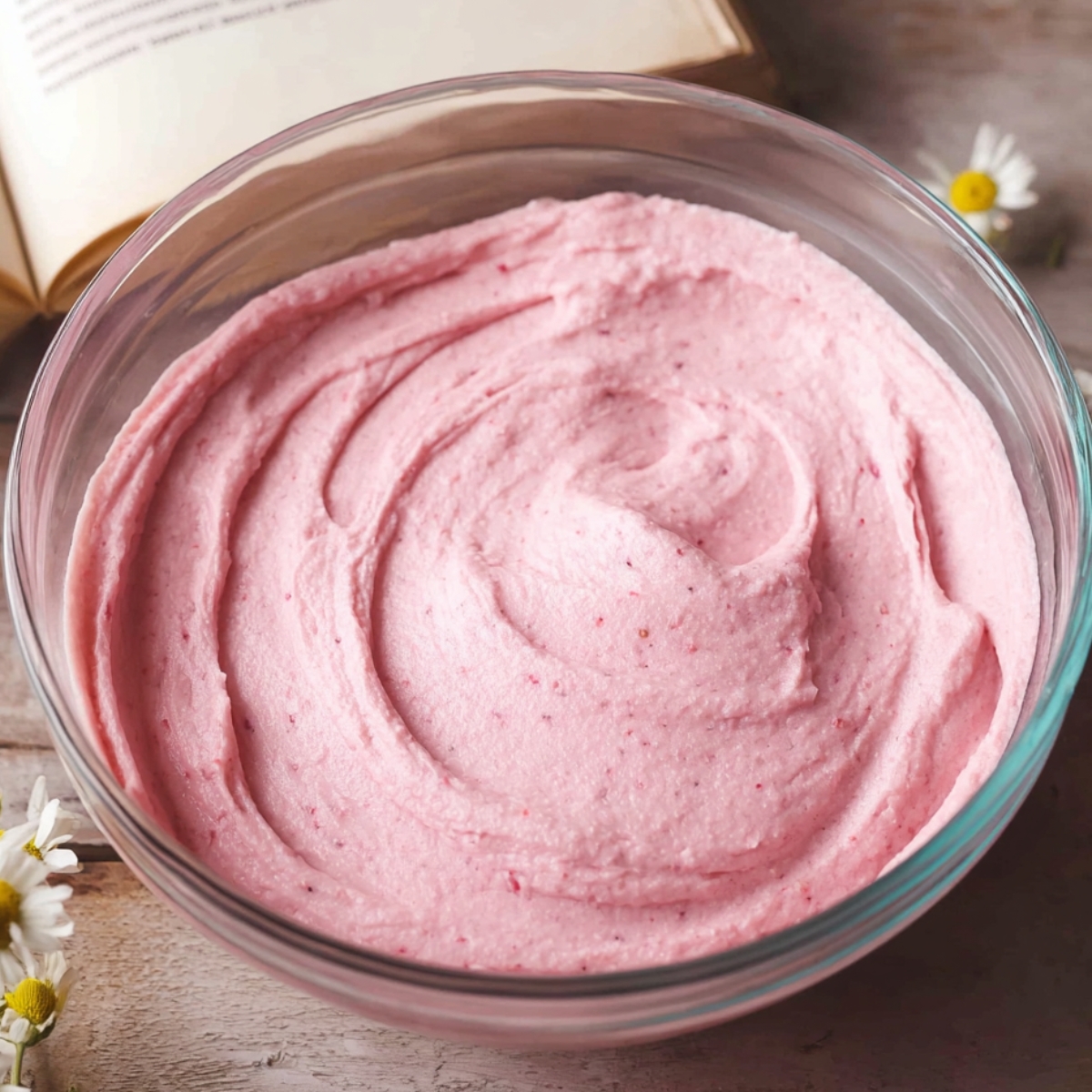 Easy Strawberry Matcha Latte Cake Recipe 11 A close-up of a bowl filled with smooth, creamy pink frosting, with a soft texture and subtle strawberry specks, swirled neatly in the bowl.