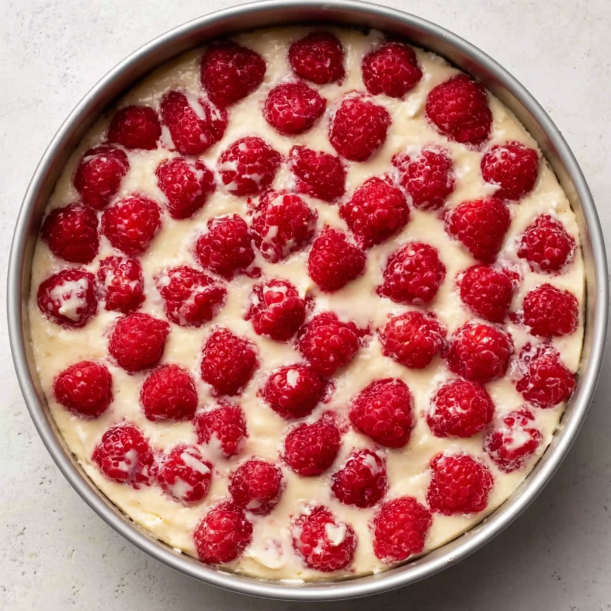 Best Raspberry Almond Cake Recipe 11 A cheesecake batter topped with fresh raspberries, arranged in a beautiful pattern, ready to be baked to perfection.