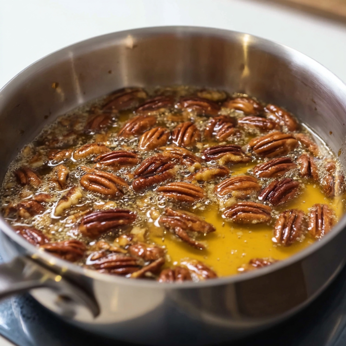 Best Pecan Pie Lasagna Recipe 11 Image of a saucepan with pecans being toasted in butter and sugar, creating a caramel-like coating.