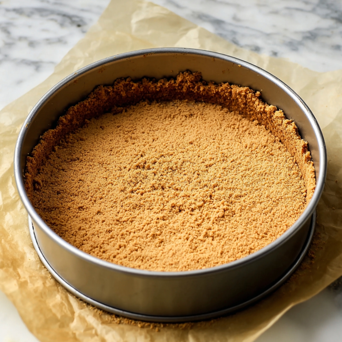 Easy Millionaire Cheesecake Recipe 10 Graham cracker crust in a springform pan, pressed into the base and sides.