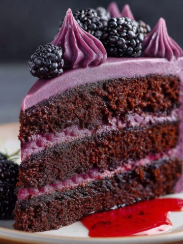 Slice of Purple Velvet Cake with purple blackberry frosting, topped with blackberries and decorative icing swirls.