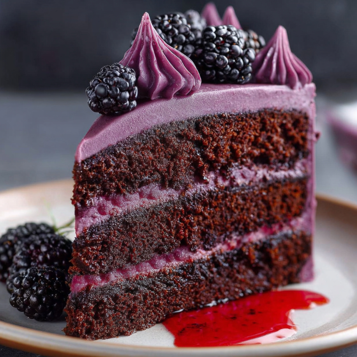 Slice of Purple Velvet Cake with purple blackberry frosting, topped with blackberries and decorative icing swirls.