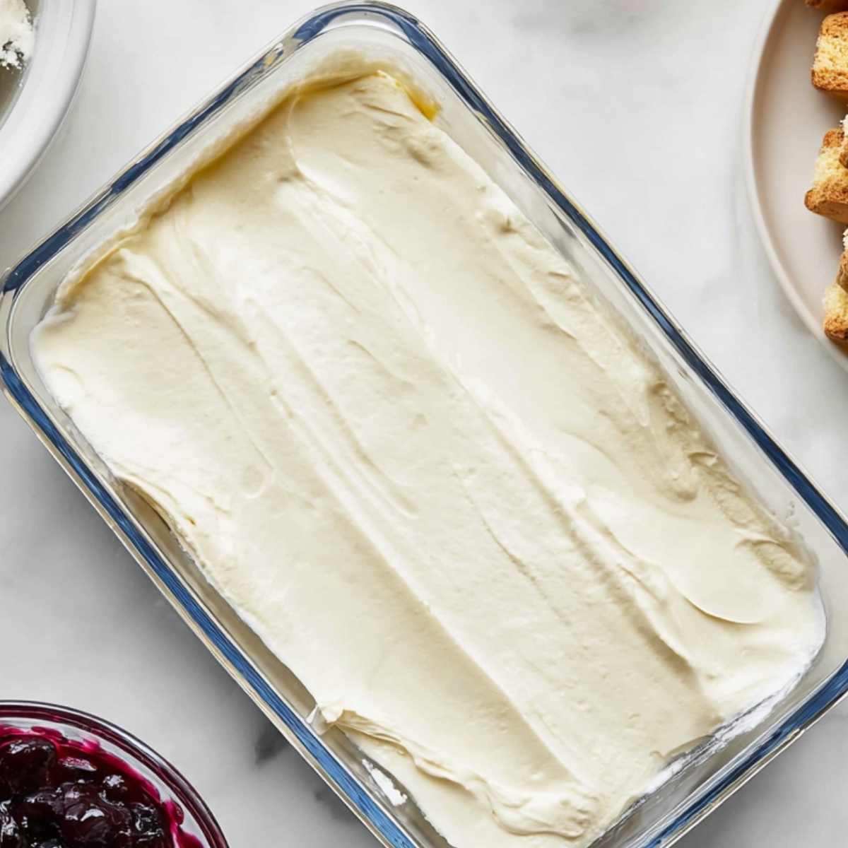 Easy Homemade Cherry Amaretto Tiramisu 11 Smooth, creamy dessert layer in a glass dish.