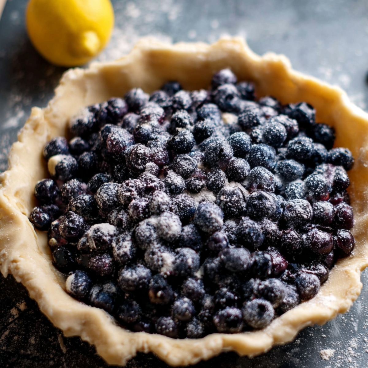 Blueberry Crumble Pie Recipe 10 A blueberry pie with fresh blueberries layered into the uncooked pie crust, lightly dusted with flour, and garnished with a freshly squeezed lemon.