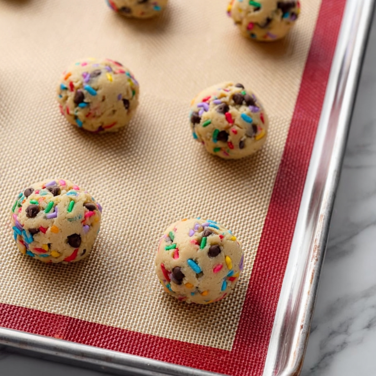 Cake Batter Chocolate Chip Cookies 11 Cookie dough balls with colorful sprinkles and chocolate chips placed on a baking sheet lined with a silicone mat, ready to be baked into fun and vibrant cookies.