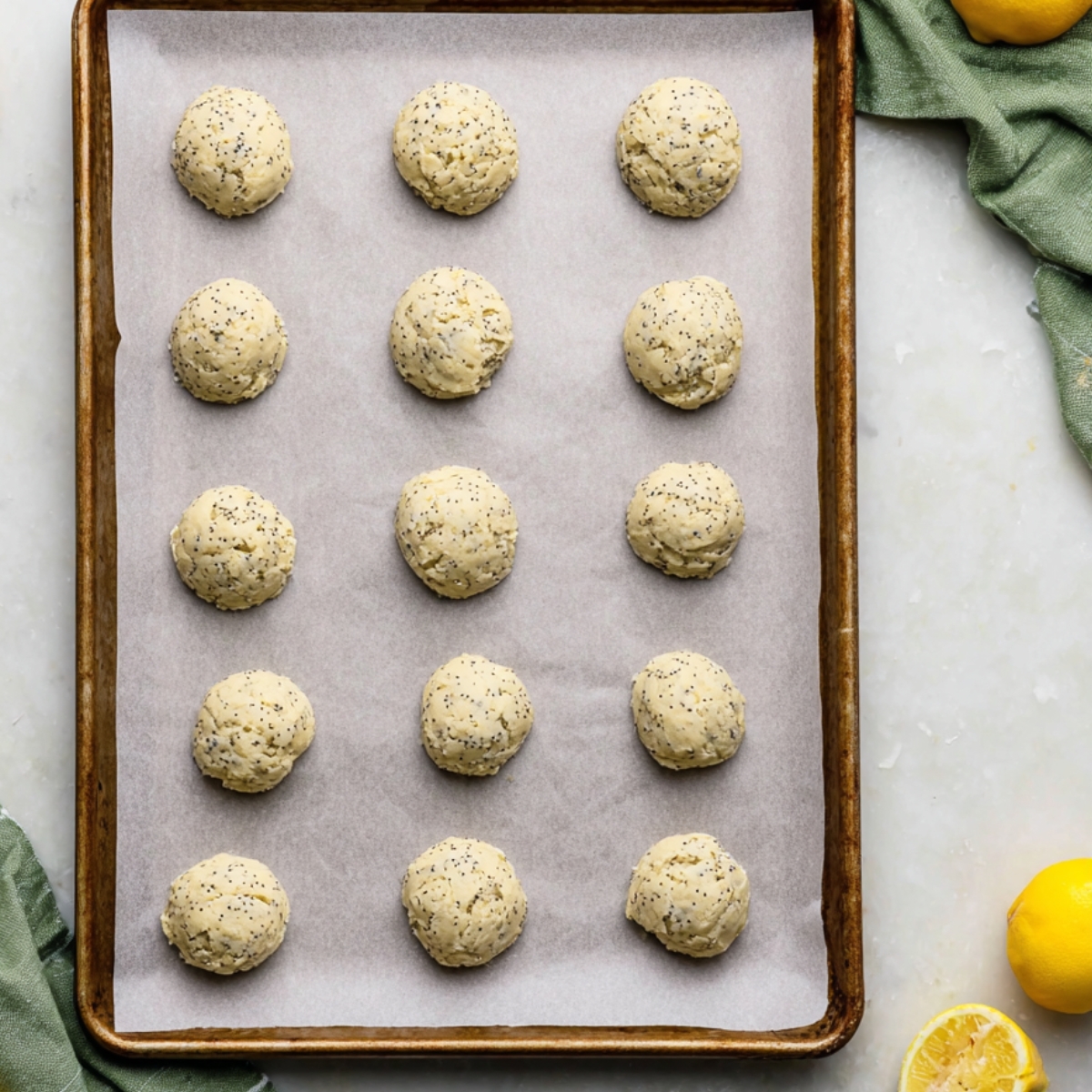 An overhead shot of portions of lemon poppy seed cookie dough on a parchment-lined baking tray, ready to be baked.