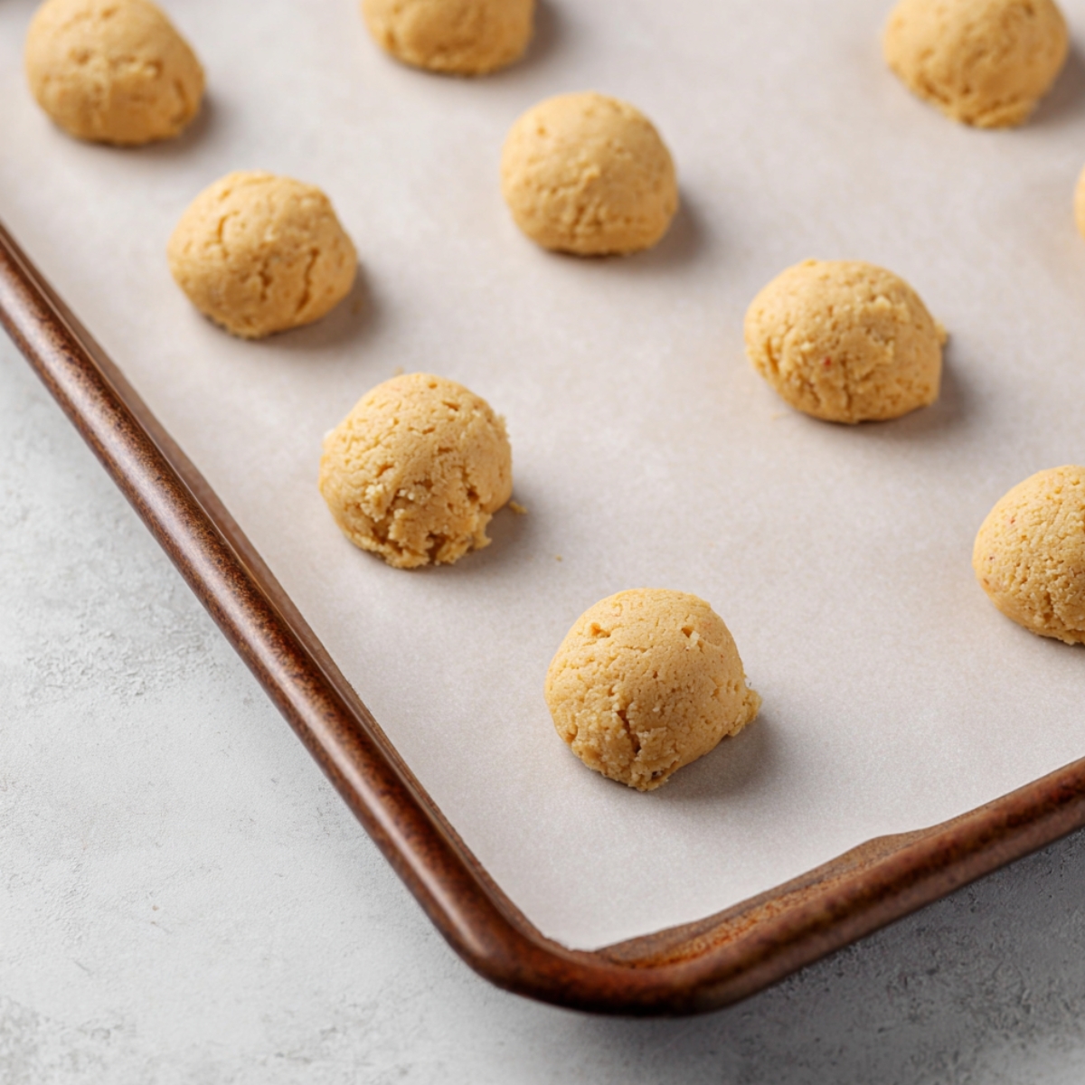 Scoop of coconut sugar cookie dough placed in round mounds on a parchment-lined baking sheet, ready to be baked.