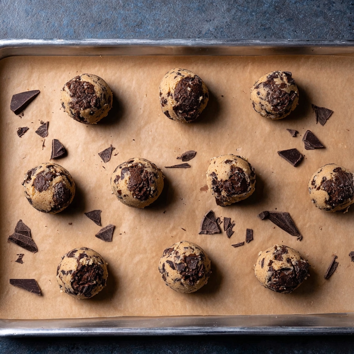 Coffee Toffee Cookies Recipe 11 Cookie dough balls placed evenly on a parchment-lined baking tray with large chunks of chocolate scattered around each ball, ready to be baked.