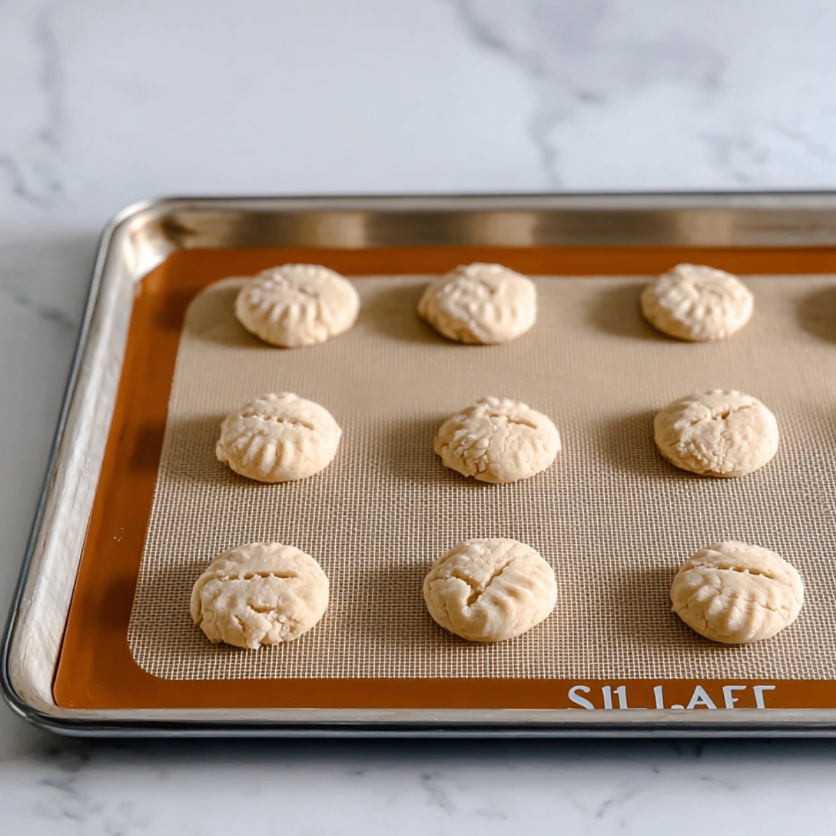 Easy Churro Cheesecake Cookies Recipe 11 A baking sheet lined with a Silpat mat containing unbaked cookie dough rounds, with a light beige color and textured edges, ready to be baked.