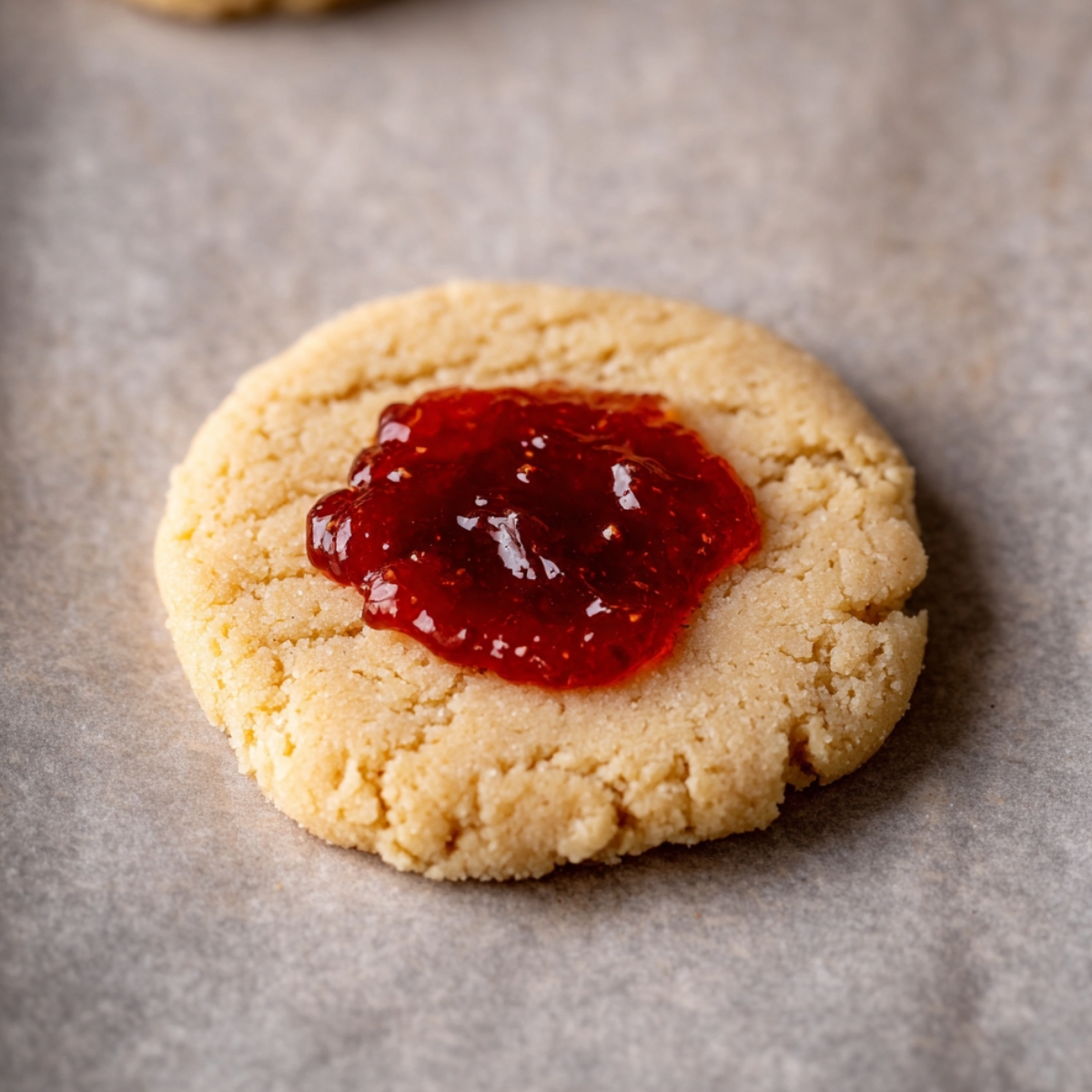Delicious Sugar Plum Fairy Cookies 10 A sugar cookie dough on parchment paper with a dollop of red jam in the center.