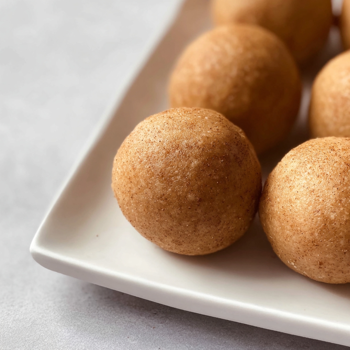 Easy Tiramisu Balls Recipe 11 A plate of smooth, round tiramisu balls rolled in cocoa powder, with one ball cut open to reveal the soft, crumbly interior.