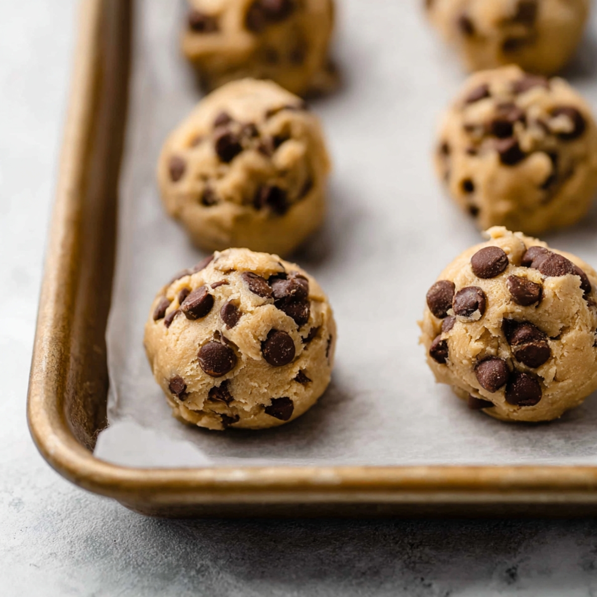 Crumbl Chocolate Chip Cookies 11 Cookie dough balls filled with chocolate chips, placed on a parchment-lined baking tray, ready to be baked.