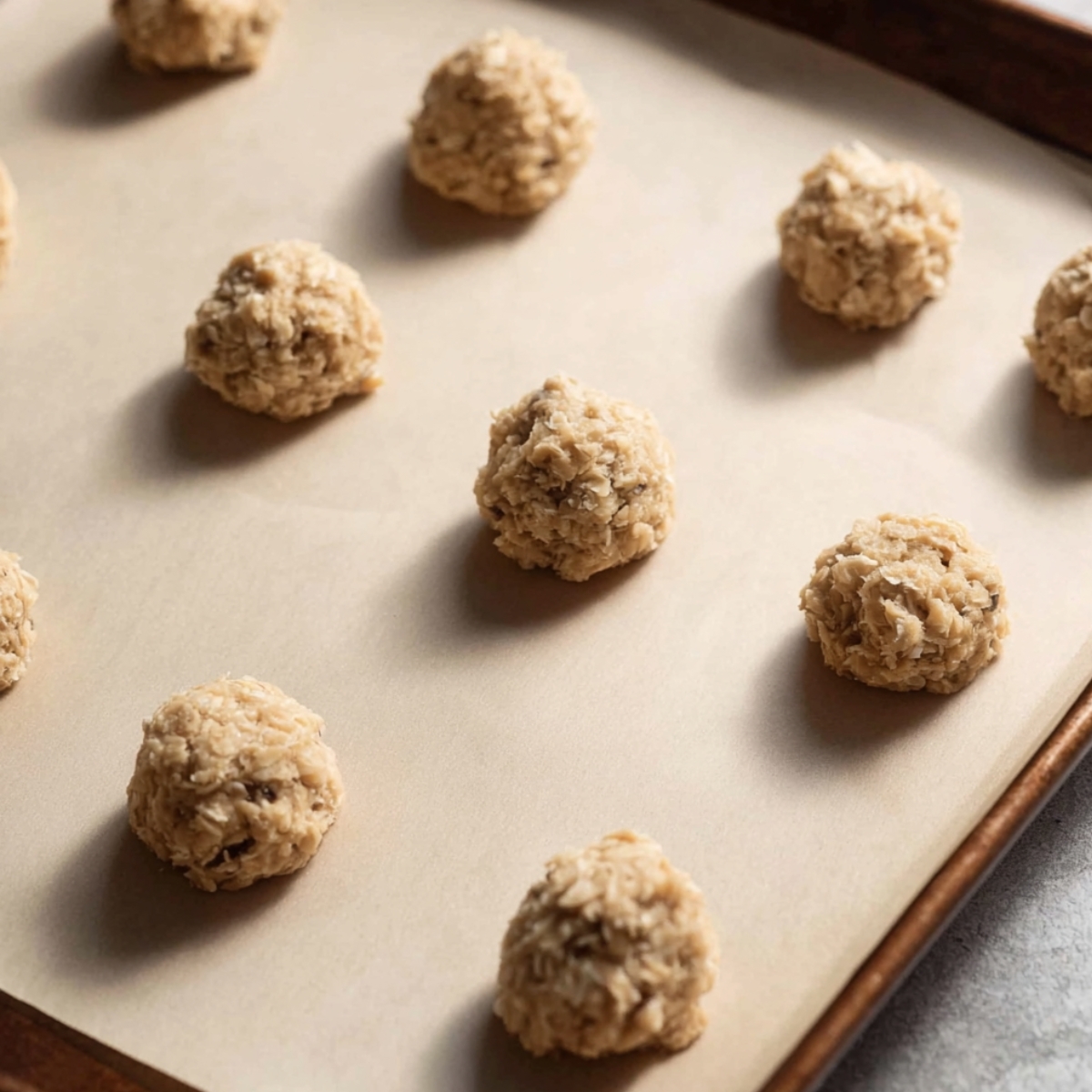 The Best Coconut Biscuits Recipe 11 Dough balls made from coconut biscuit dough, placed evenly on a parchment-lined tray, ready for baking into golden coconut biscuits.