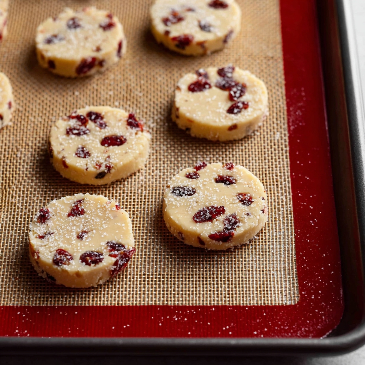 Sliced cranberry orange cookie dough on a silicone-lined baking sheet, ready to be baked. The dough is studded with dried cranberries and dusted with sugar.