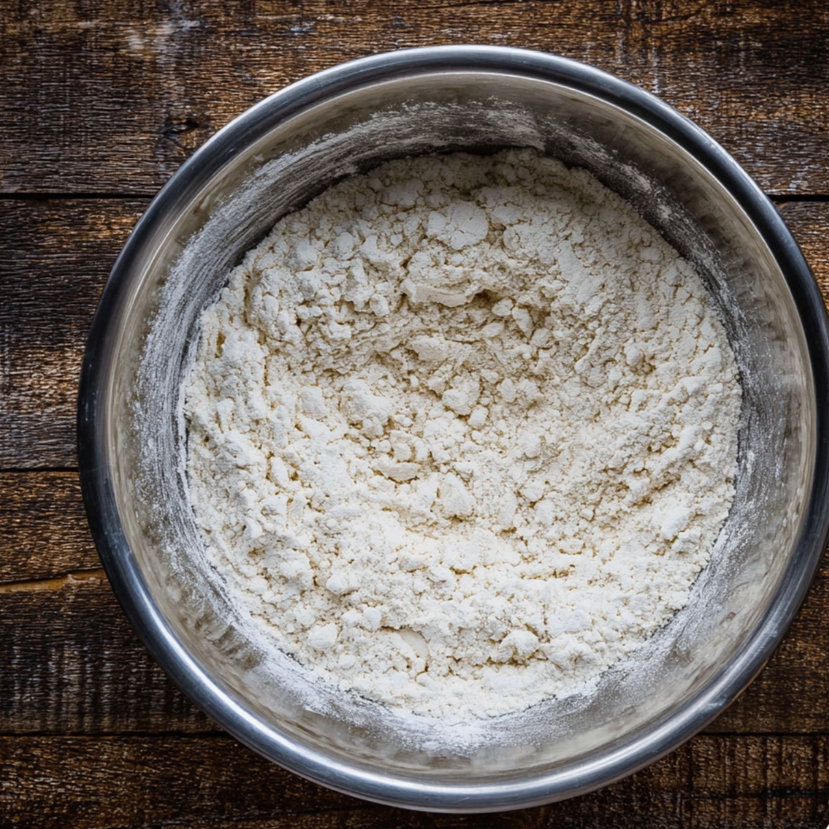 Traditional Irish Apple Cake Recipe 10 A stainless steel bowl containing sifted flour and baking powder, with a light, powdery texture.