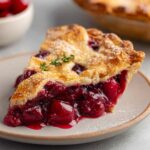 A slice of Sour Cherry Pie served on a plate, with a lattice crust, fresh cherries, and a sprinkle of powdered sugar, garnished with a sprig of thyme.