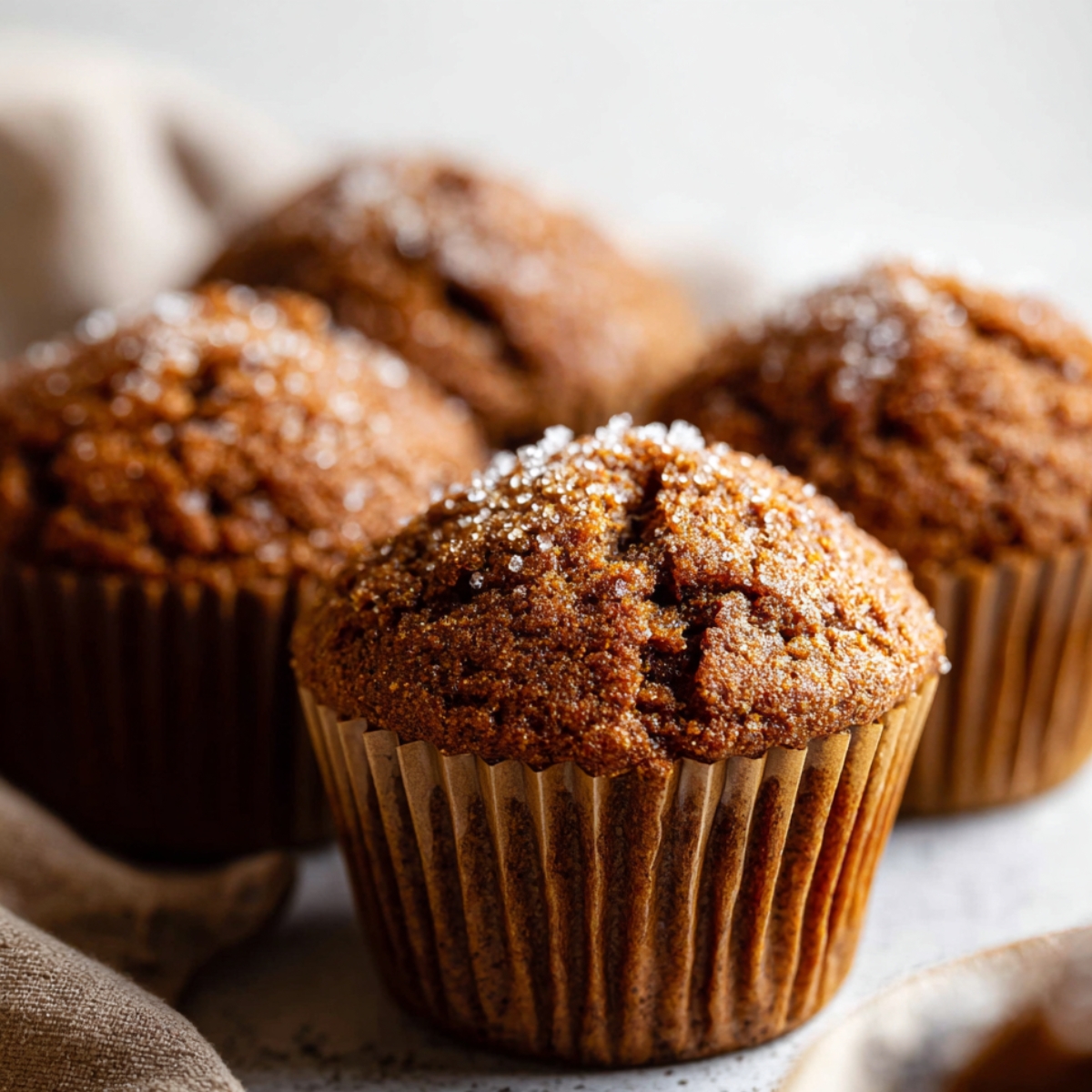 A close-up of freshly baked Spiced Molasses Gingerbread Muffins in paper liners, with a sprinkle of sugar on top, placed on a clean, soft background.