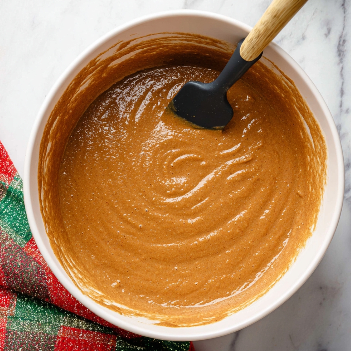 Gingerbread batter in a bowl with a spatula, festive cloth in the background.