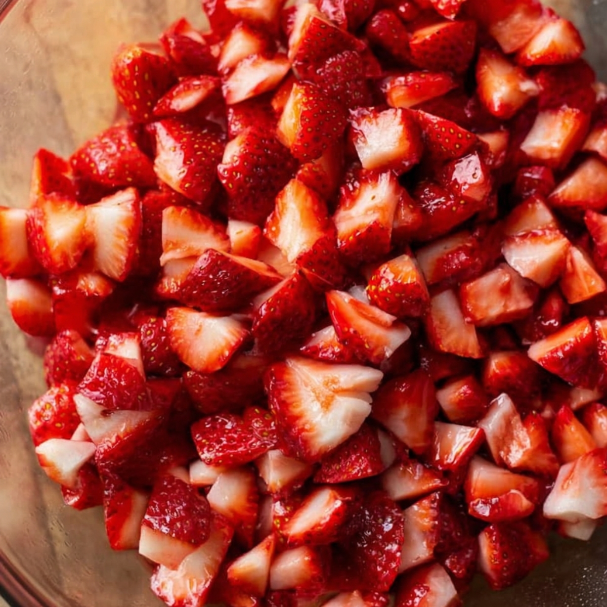 Delicious Vegan Strawberry Shortcakes 10 Freshly cut and chopped strawberries, showcasing their vibrant red color, ready to be used in a delicious dessert or recipe.