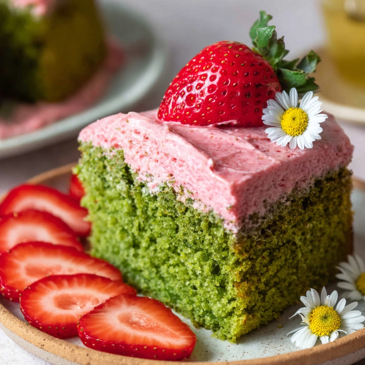 Easy Strawberry Matcha Latte Cake Recipe 9 A slice of Strawberry Matcha Latte Cake with strawberry frosting, topped with a fresh strawberry and a daisy, served with sliced strawberries.