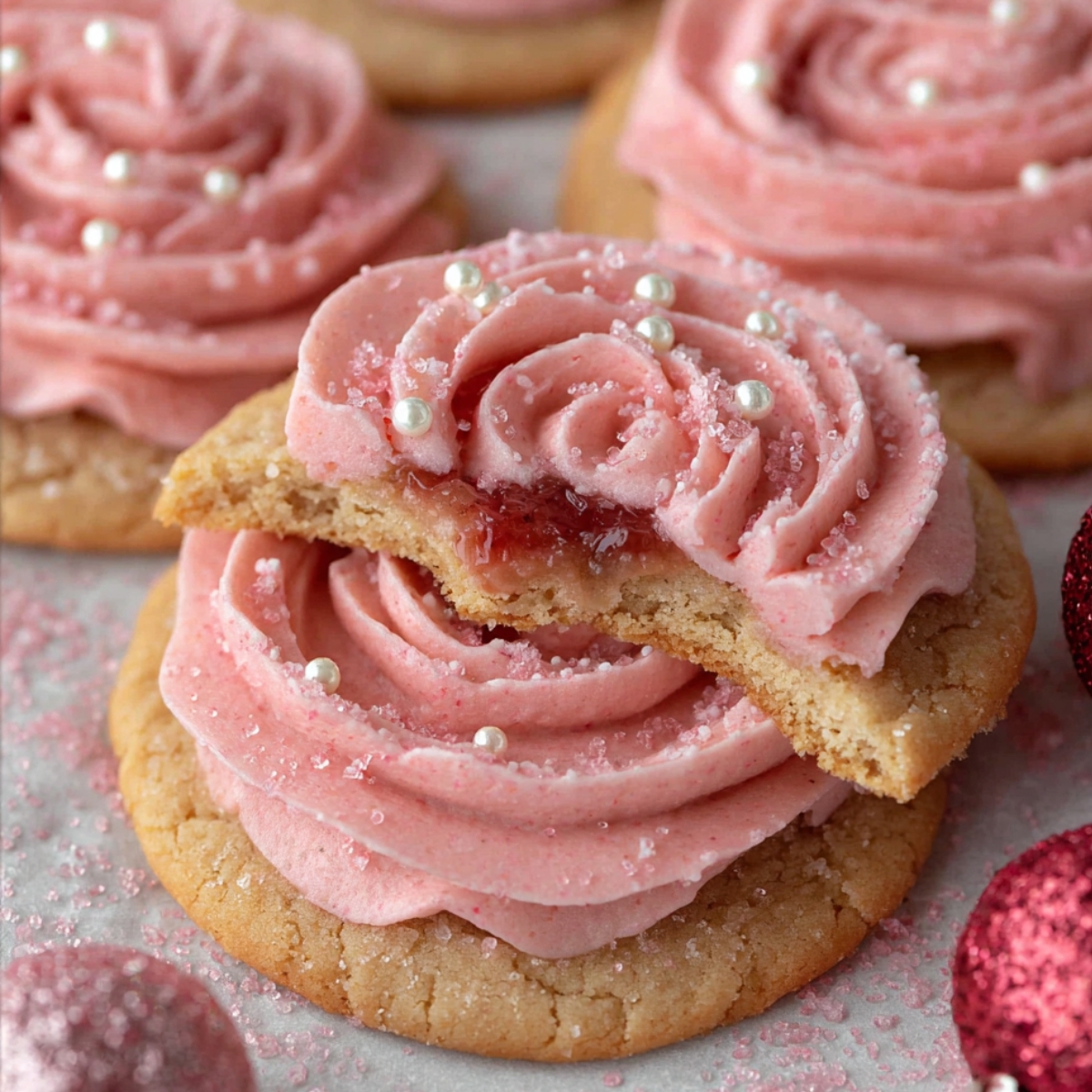 Delicious Sugar Plum Fairy Cookies 9 A Sugar Plum Fairy Cookies topped with pink buttercream frosting piped into a rosette shape, decorated with edible pearls and a sprinkling of sugar, with a bite taken revealing the jam filling.