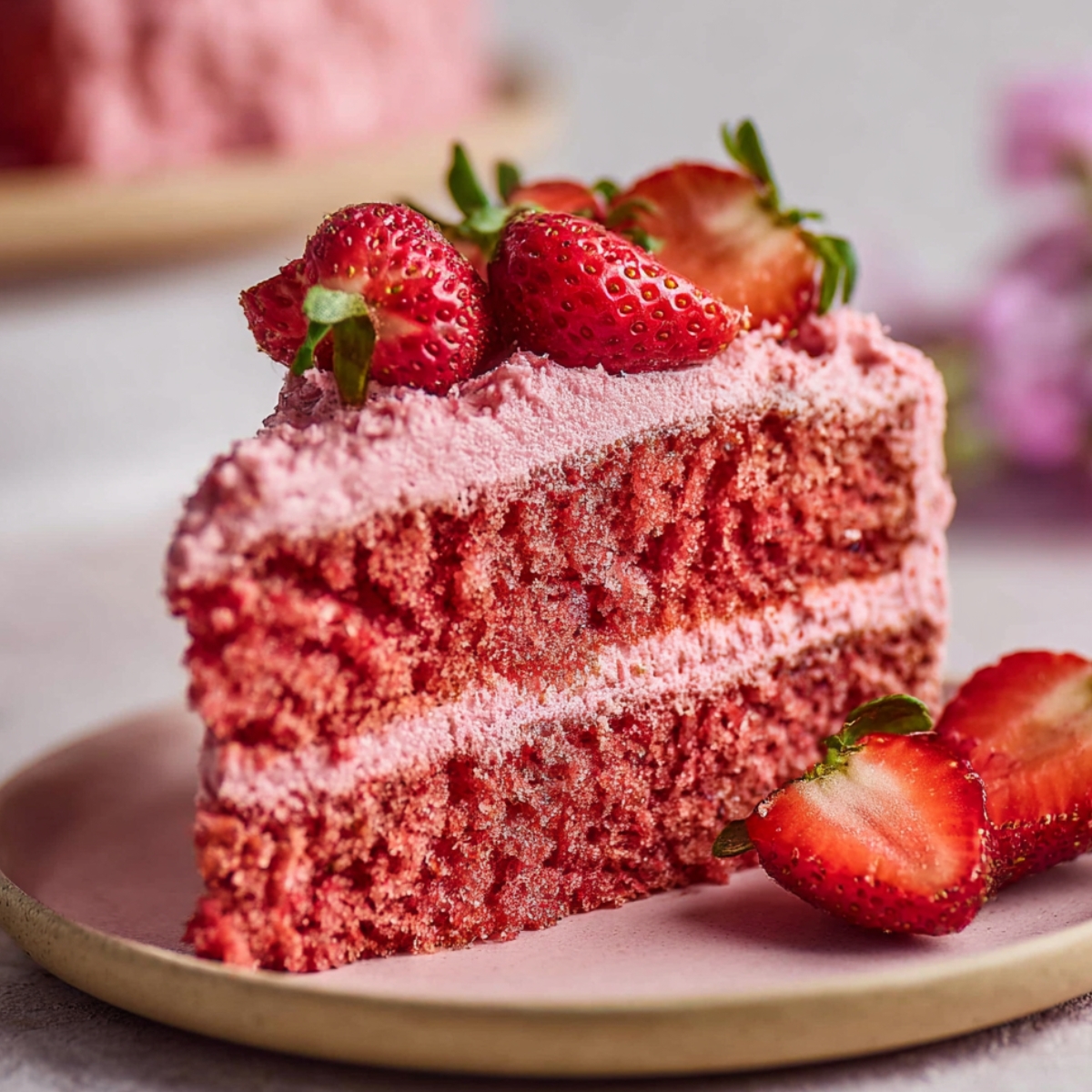 A close-up of a slice of Vegan Strawberry Cake showing soft, fluffy layers with pink frosting and fresh strawberries on top.