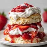 A stacked Vegan Strawberry Shortcakes, layered with fluffy biscuit, whipped cream, and fresh strawberries, dusted with powdered sugar.