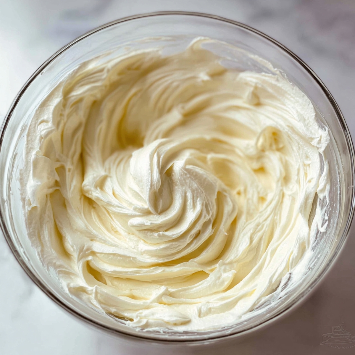 No Bake Marshmallow Cheesecake Recipe 11 A close-up of freshly whipped cream in a glass bowl, smooth and fluffy with a swirled texture.