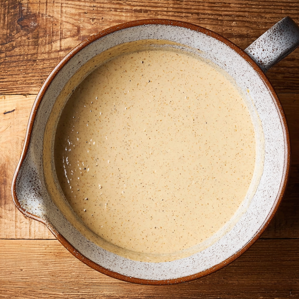 The Best Creme Brulee Cake 10 A mixing bowl containing a light, smooth egg mixture being whisked, with a few specks of vanilla visible in the smooth batter.