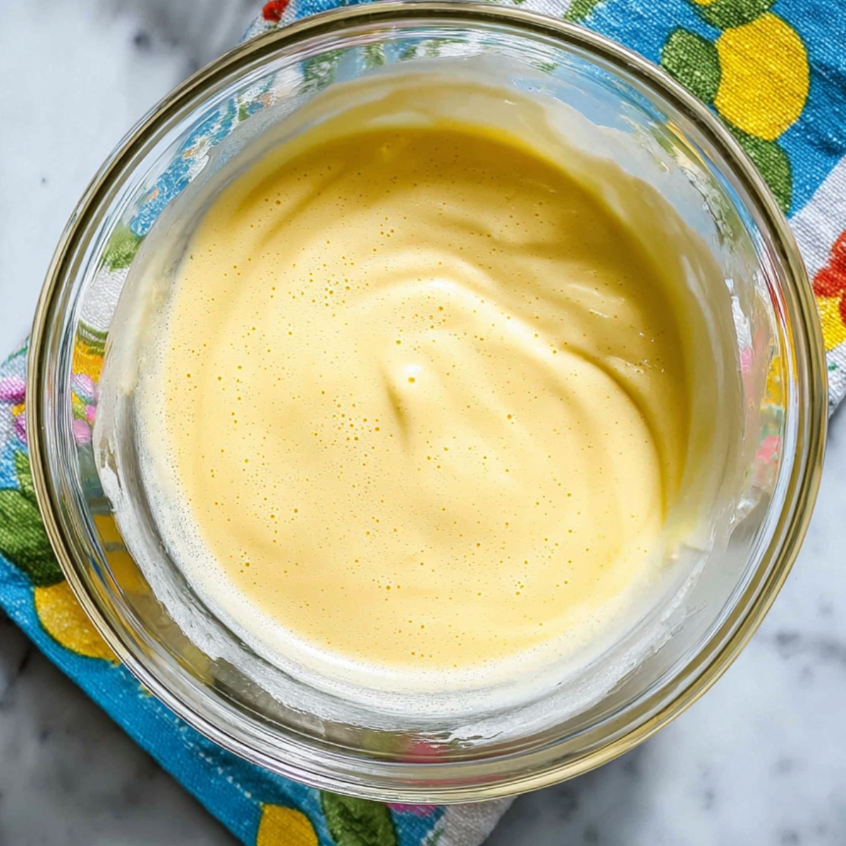 Greek Yogurt Cake Donuts Recipe 10 A close-up of a smooth, well-whisked mixture of wet ingredients in a glass bowl, placed on a colorful lemon-themed towel.