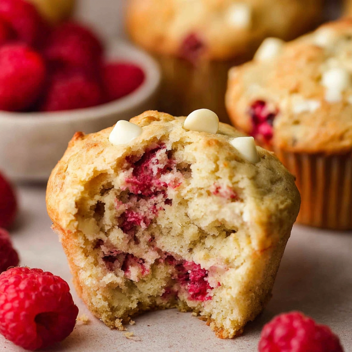 A delicious White Chocolate Raspberry Muffins with a bite taken out, revealing juicy raspberries and soft, fluffy texture inside. Fresh raspberries are scattered around the muffin.