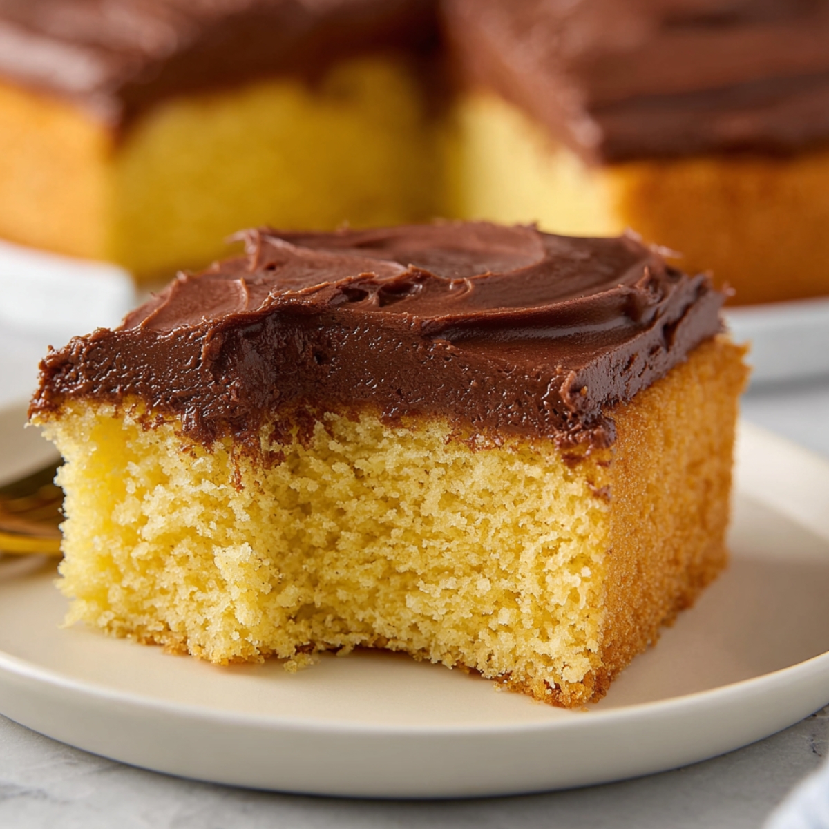 A slice of moist Yellow Cake topped with creamy chocolate frosting, sitting on a plate.