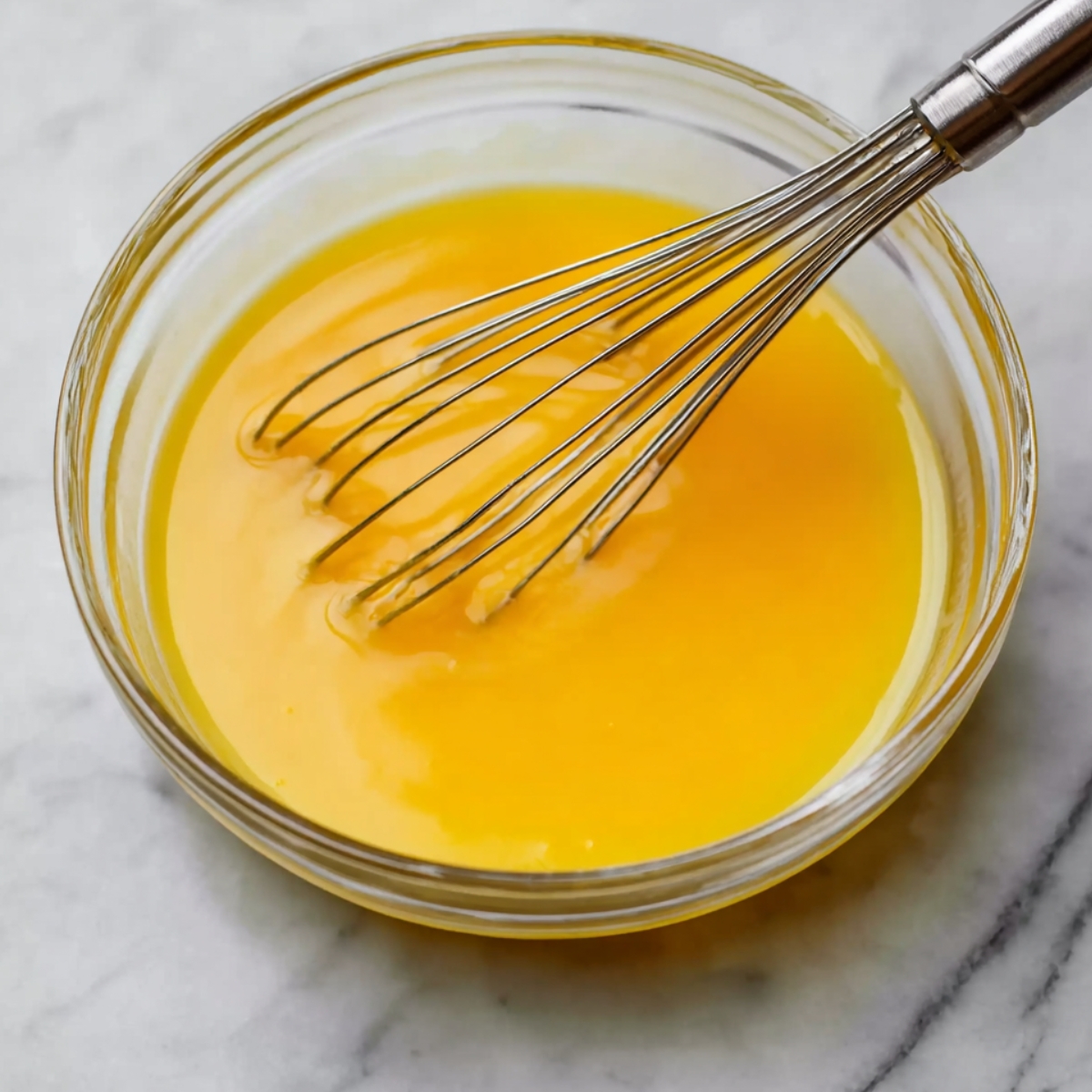 Fresh Blueberry Lemon Curd Tart 11 Whisked egg yolks in a bowl with a metal whisk.