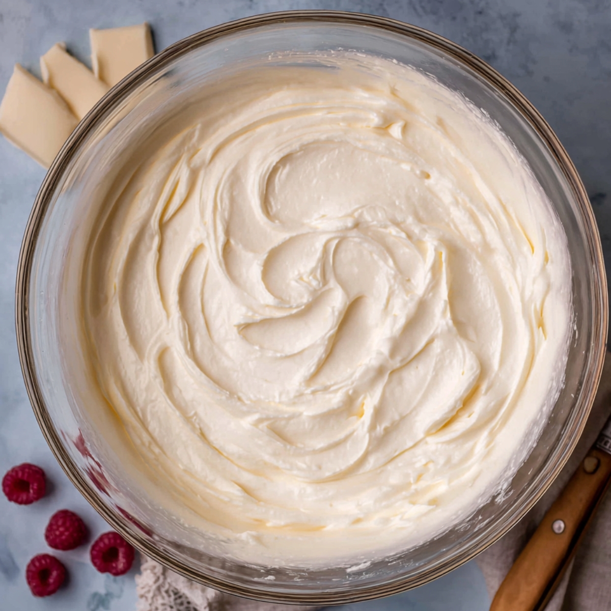 White Chocolate Raspberry Cake Recipe 11 Smooth white chocolate mixture in a glass bowl, with raspberries and white chocolate chunks in the background.